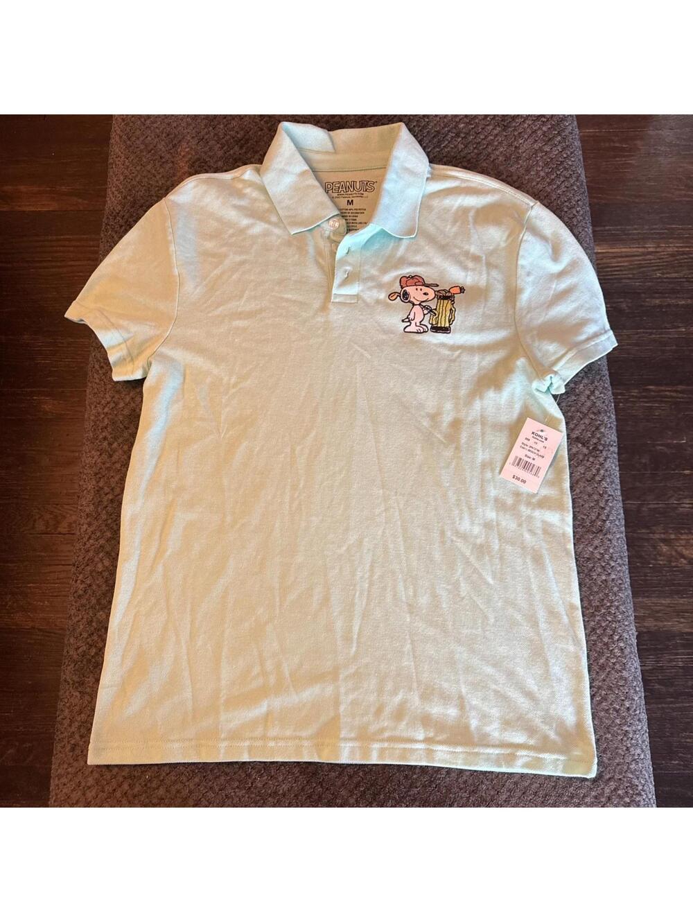 Peanuts Polo Shirt Mens Medium Beach Glass Green Embroidered Snoopy Golf Outdoor